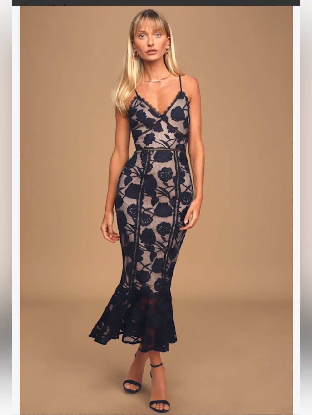 Lulus Alluring Dream Navy Blue Floral Mesh Lace Trumpet Midi Dress large